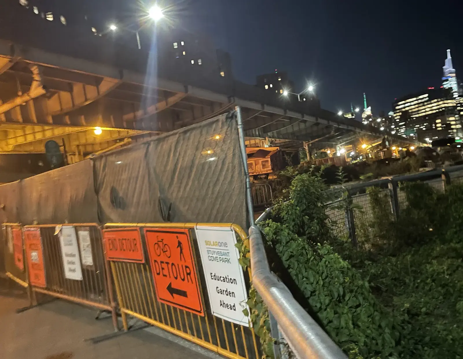 This was taken while viewing the full moon at 20th Street at East River Park.  You can see Stuy Cove's sign is still on the barrier, but this amazing garden is being  razed for ESCR Project Area 2 - September 20, 2021